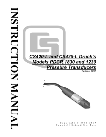 Campbell Scientific CS420 and CS425  PDCR 1830-8388 Pressure Transducer Owner Manual | Manualzz