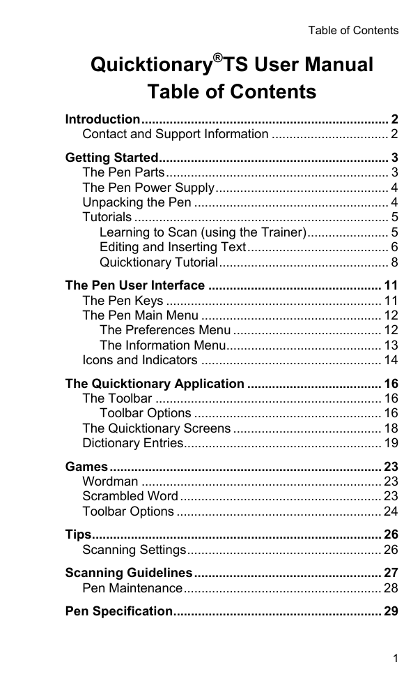Quicktionary TS User Manual Table of Contents | Manualzz