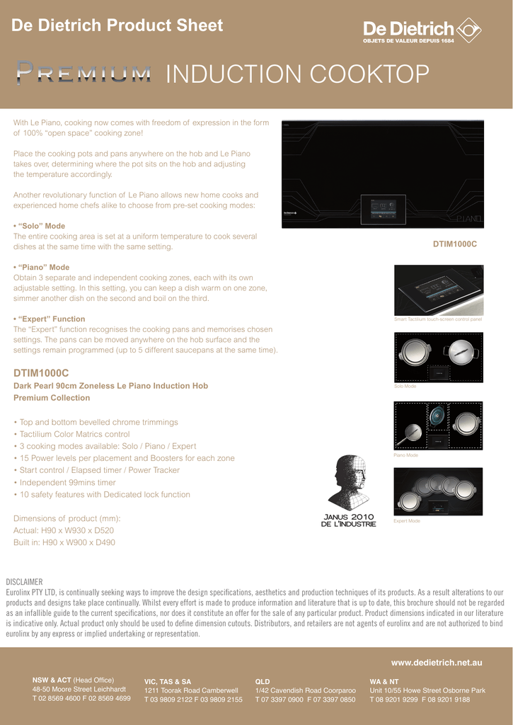 Induction Cooktop De Dietrich Product Sheet Manualzz