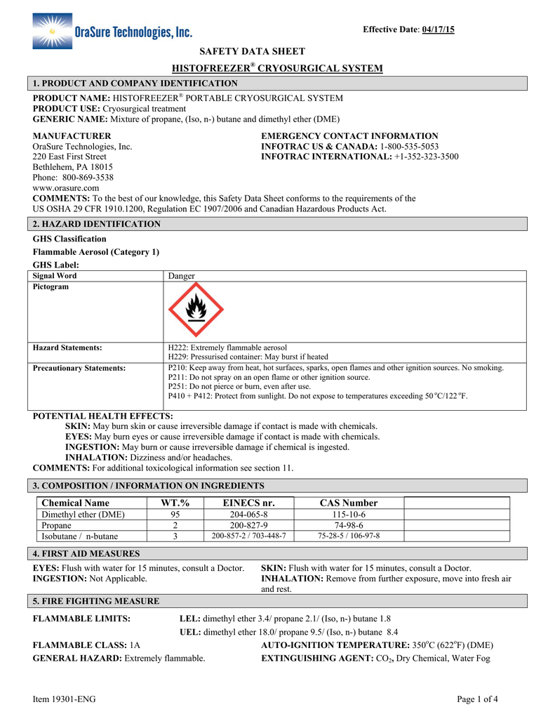 Safety Data Sheet Histofreezer Cryosurgical System Manualzz