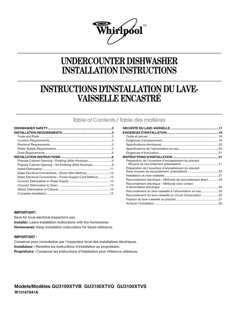 Whirlpool GU3100XTVQ0 Dishwasher installation Guide Manualzz