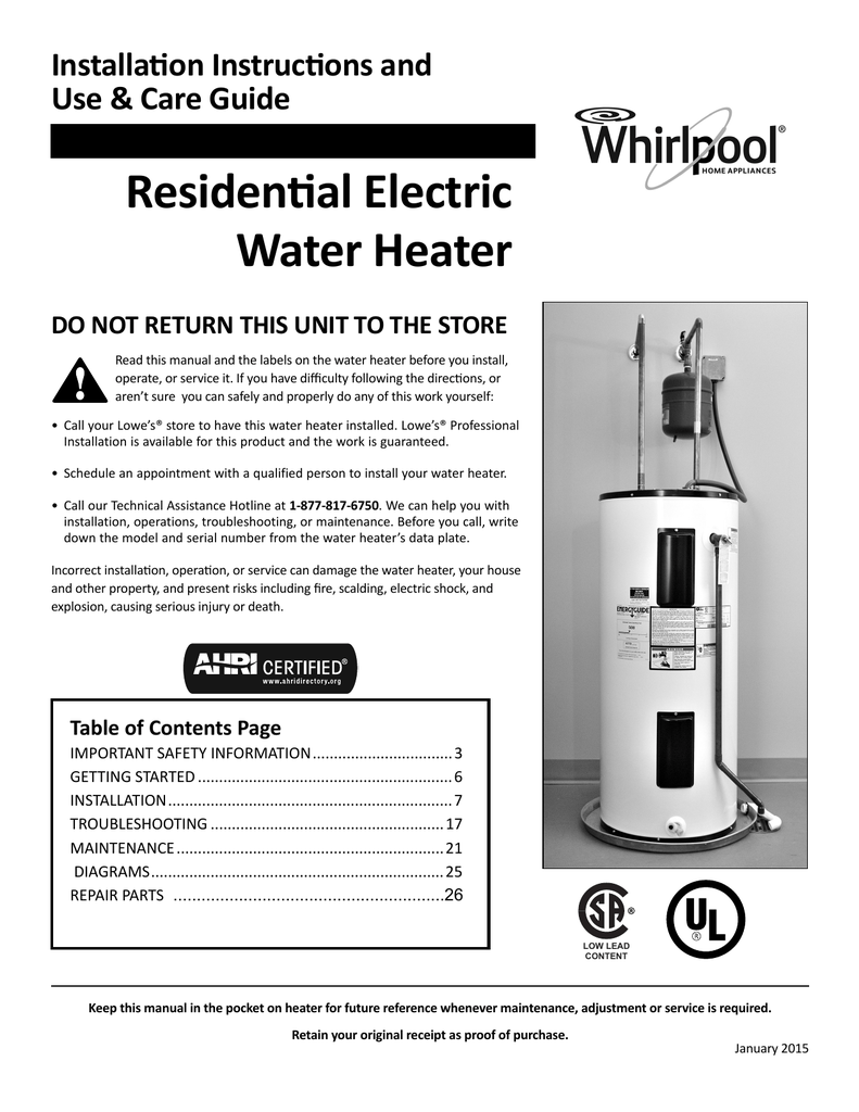 Residen al Electric Water Heater Use & Care Guide Manualzz