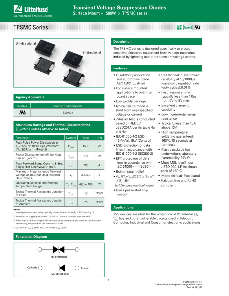 TVS Diodes Transient Voltage Suppressors 1500W 160V Unidirect TVS Diodes Transient Voltage Suppressors 1500W 160V Unidirect