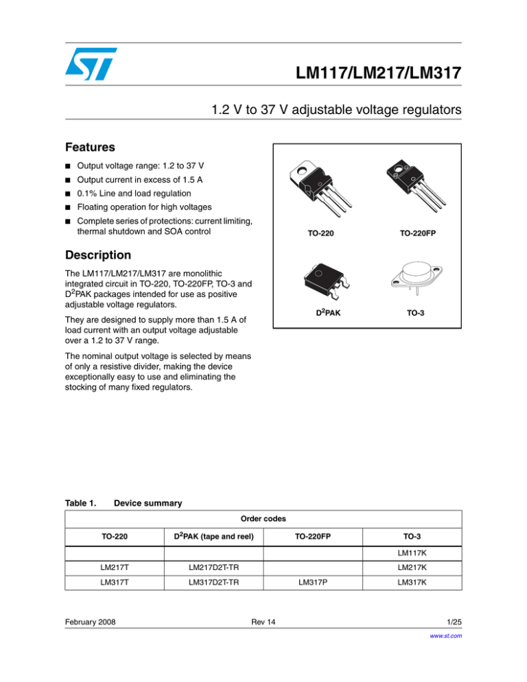 LM117/LM217/LM317 1.2 V to 37 V adjustable voltage regulators Features ...