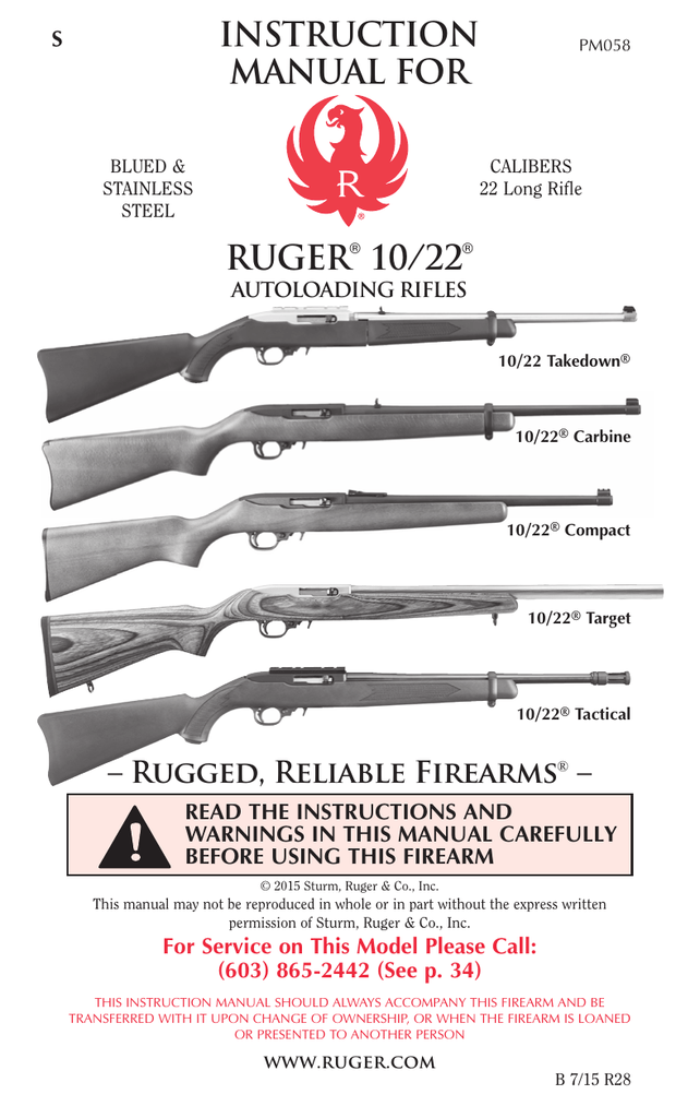 2015 Sturm/Ruger Model 10/22 Auto Loader Rifle Owner's Instruction Manual 