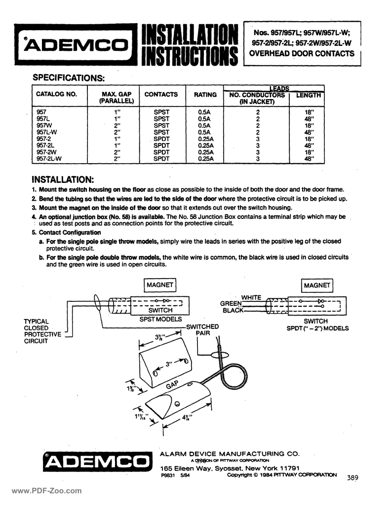 Ademco 957 Series Overhead Door Contacts Manualzz Com
