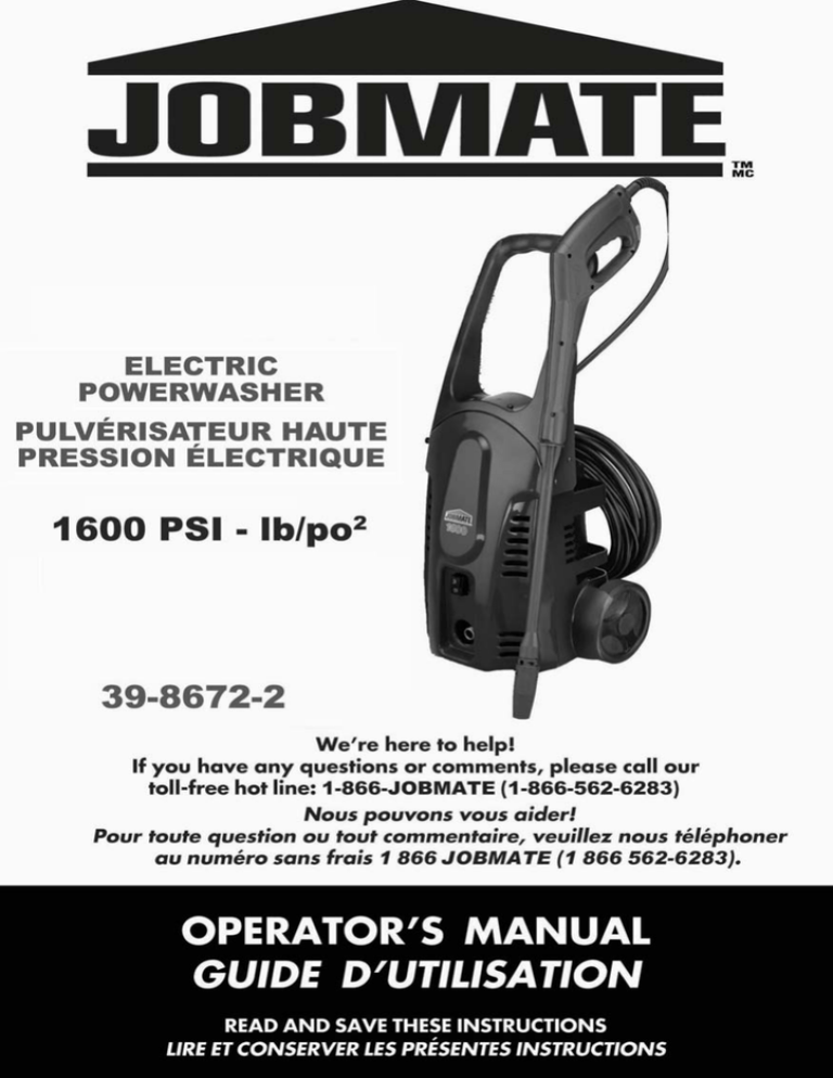JOBMATE 1600 Electric Power Washer Replacement Parts & Owners Manual