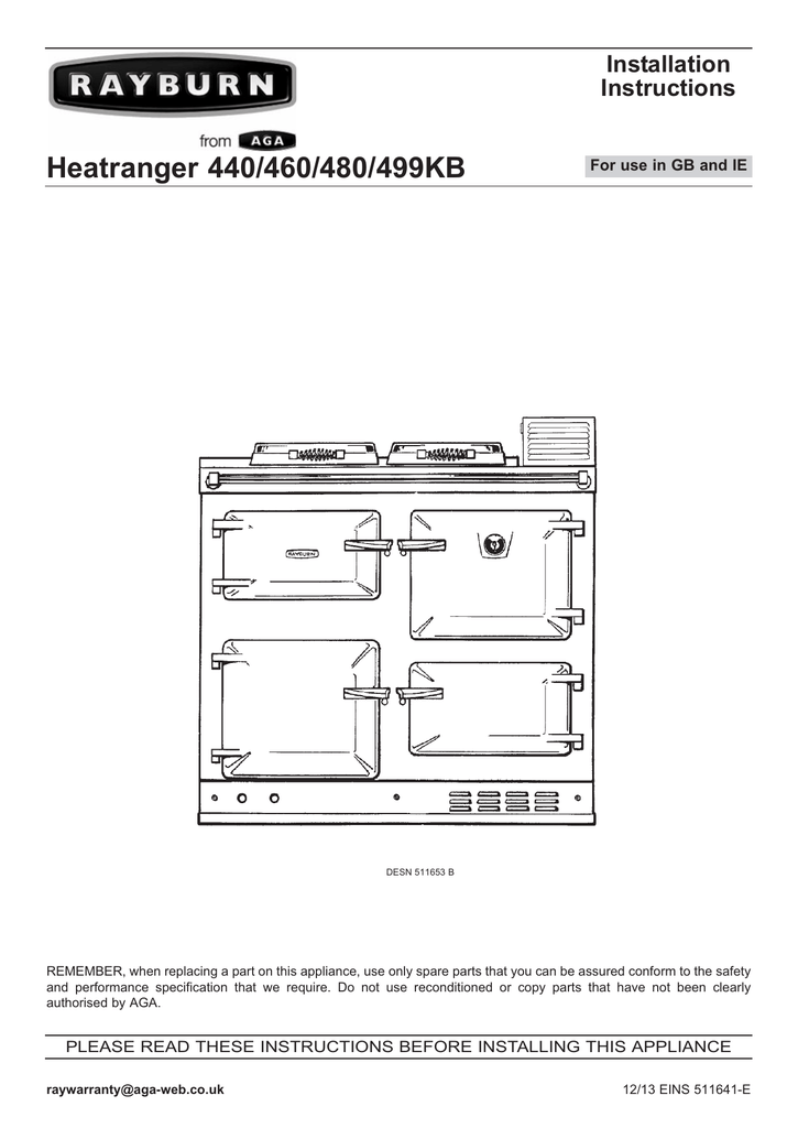 AGA Rayburn 400 Series 440/460/480/499KB Installation guide Manualzz