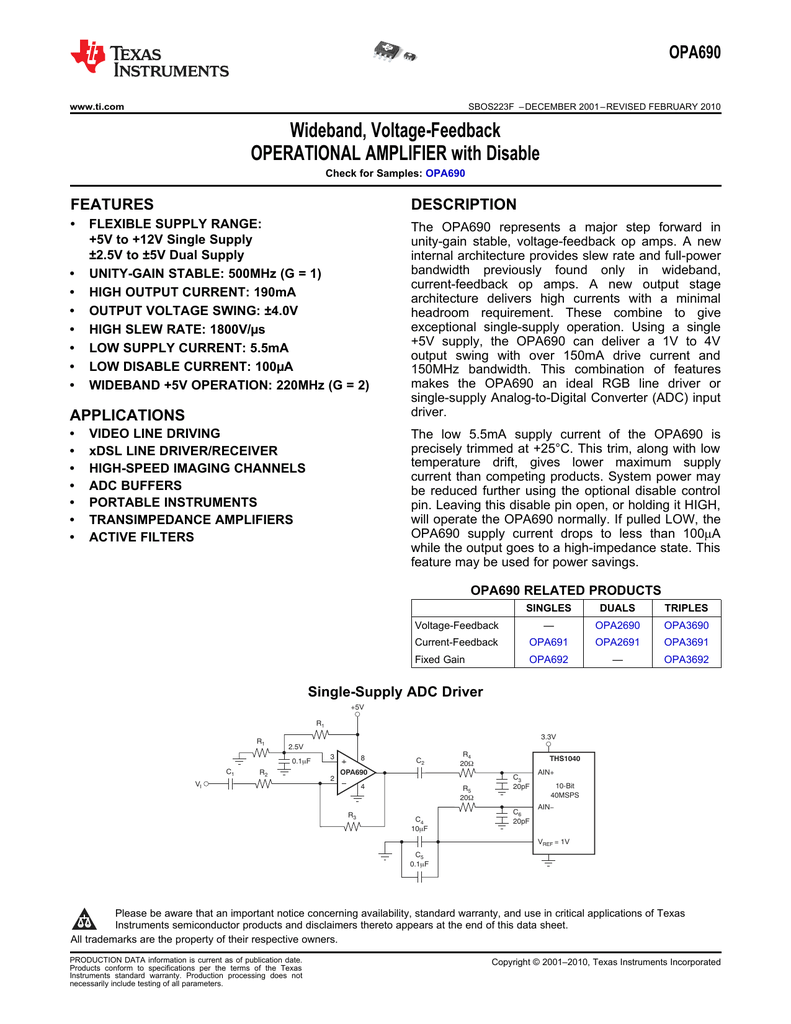 Wideband, Voltage-Feedback OPERATIONAL AMPLIFIER with Disable OPA690 ...