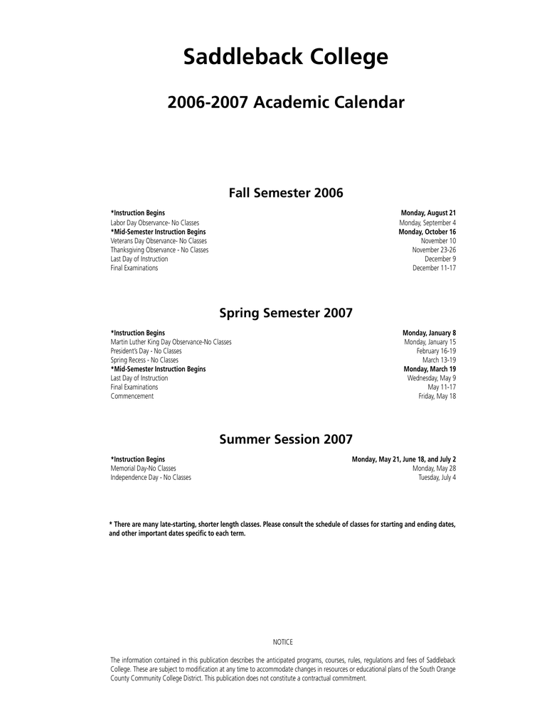 Saddleback Academic Calendar Customize and Print