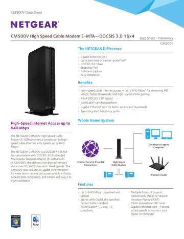 Cm500v High Speed Cable Modem E Mta Docsis 3 0 16x4 The Netgear Difference Cm500v Data Sheet