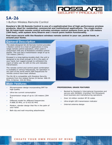 Rosslare SA-26 Single Button Wireless Remote Control Data Sheet | Manualzz