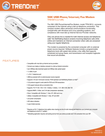 Trendnet TFM-561U 56K USB Phone/Internet/Fax Modem Datasheet | Manualzz