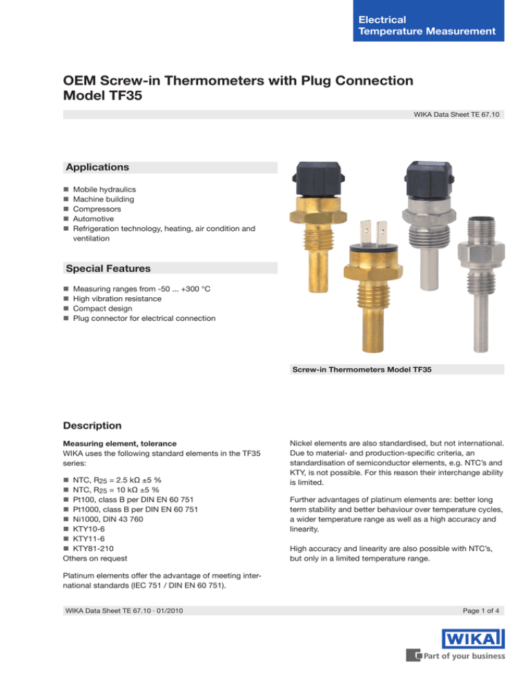 Oem Screw In Thermometers With Plug Connection Model Tf35 Electrical Temperature Measurement Manualzz
