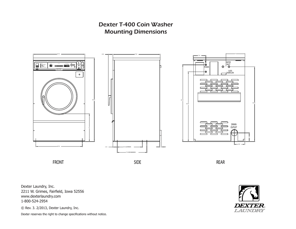 Dexter T400 Coin Washer Mounting Dimensions T400 COMMERCIAL WASHER