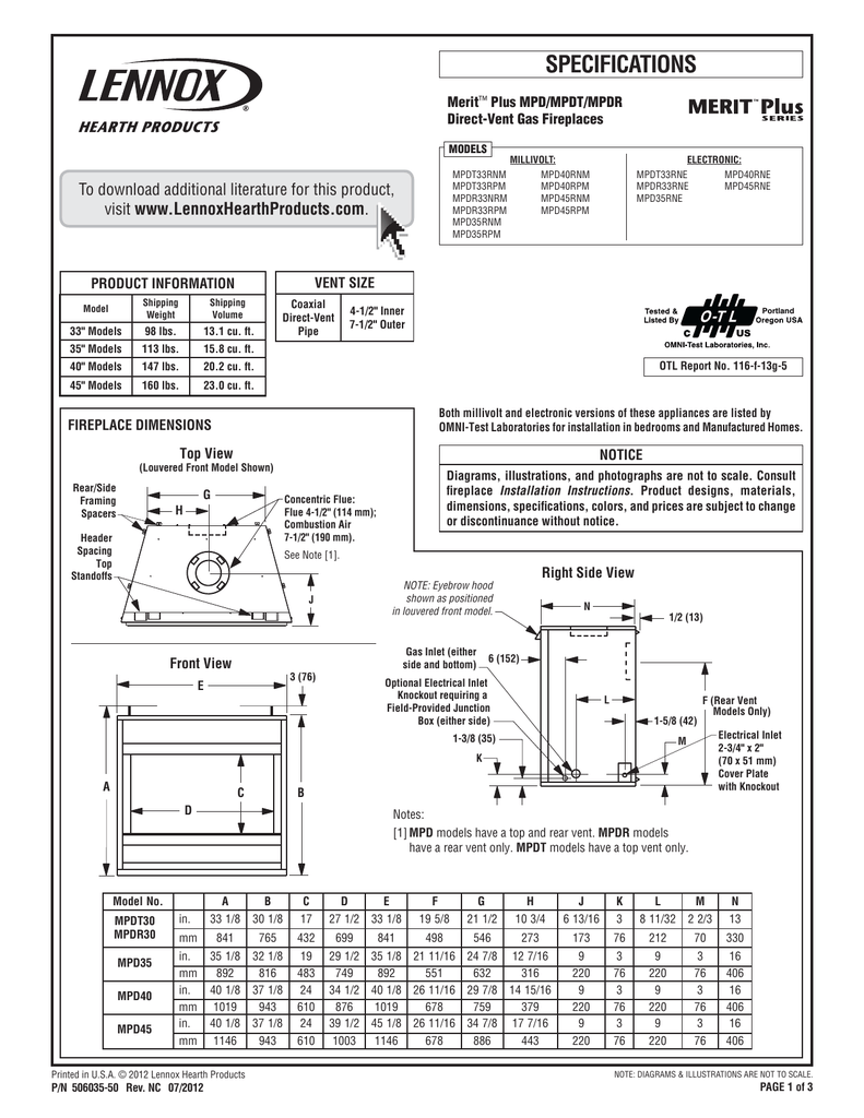 Specifications Merit Plus Mpd Mpdt Mpdr Direct Vent Gas Fireplaces