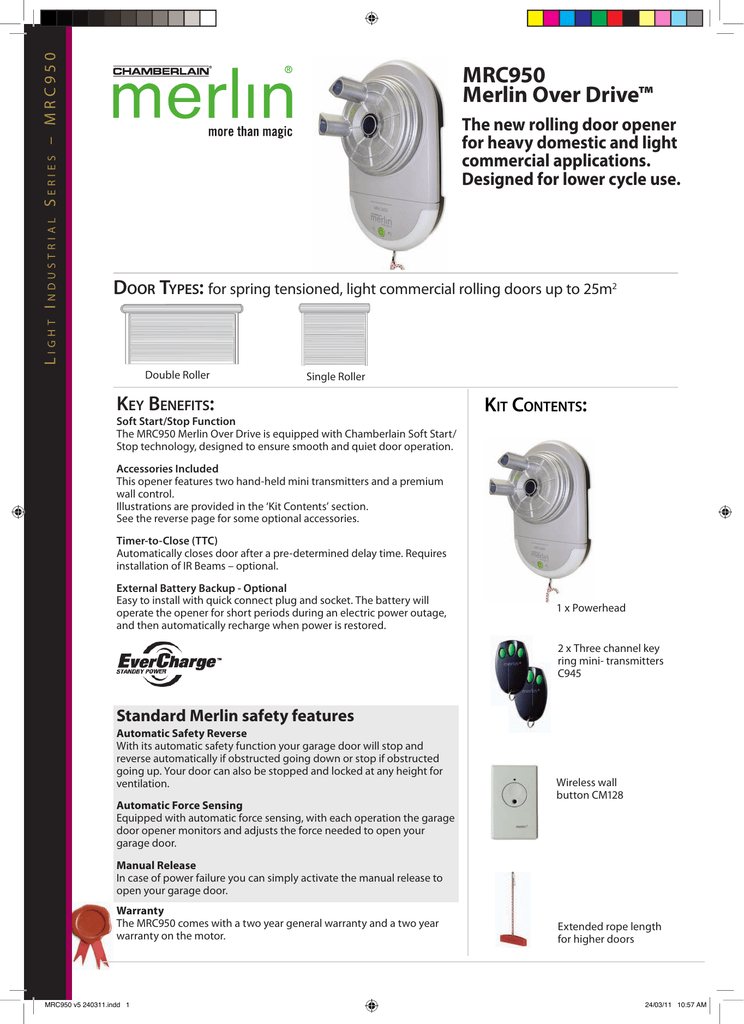 Merlin Mrc950 Specification Sheet The New Rolling Door Opener For