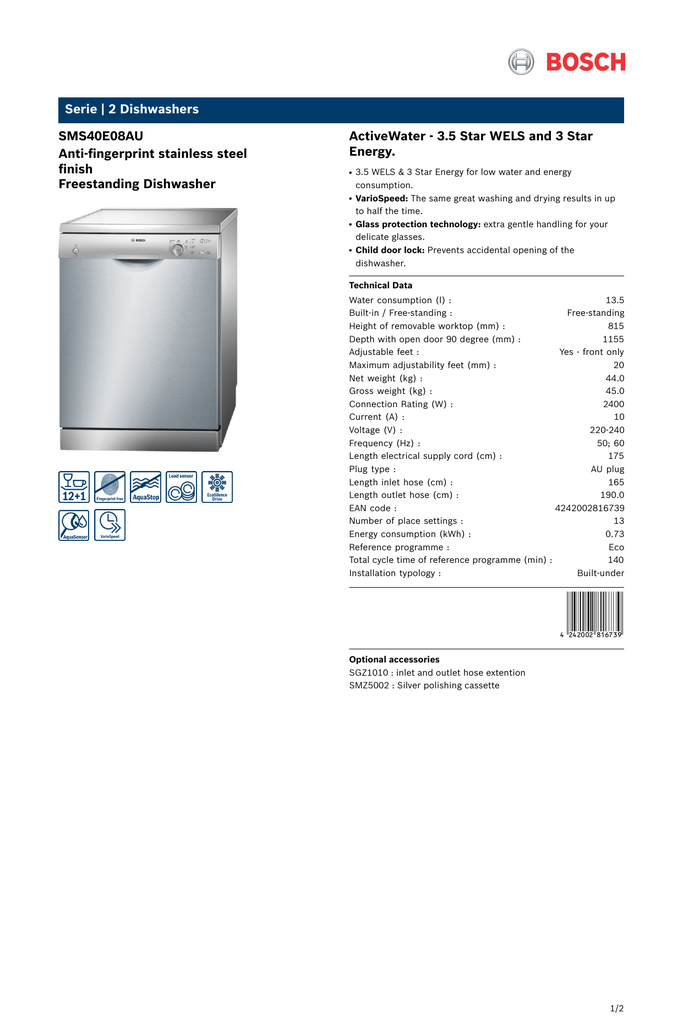 bosch dishwasher sms40e08au review