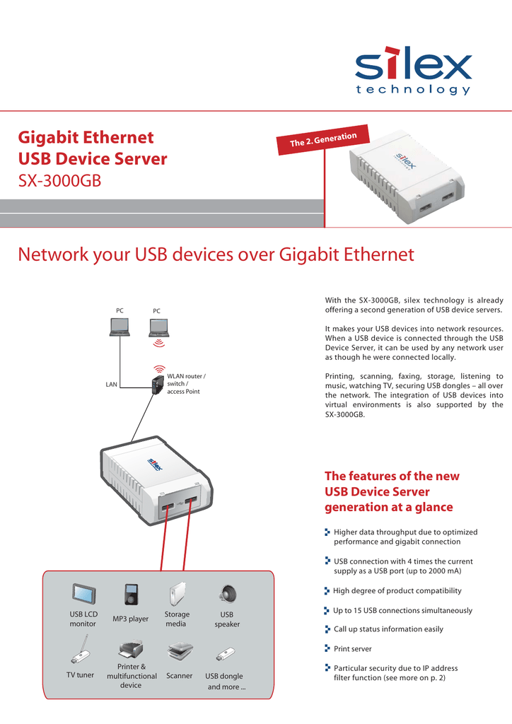 Network your USB devices over Gigabit Gigabit USB Device Server SX3000GB