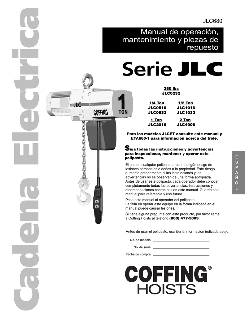 Coffing JLC Electric Chain Hoist (JLC680) (2004) Spanish | Manualzz