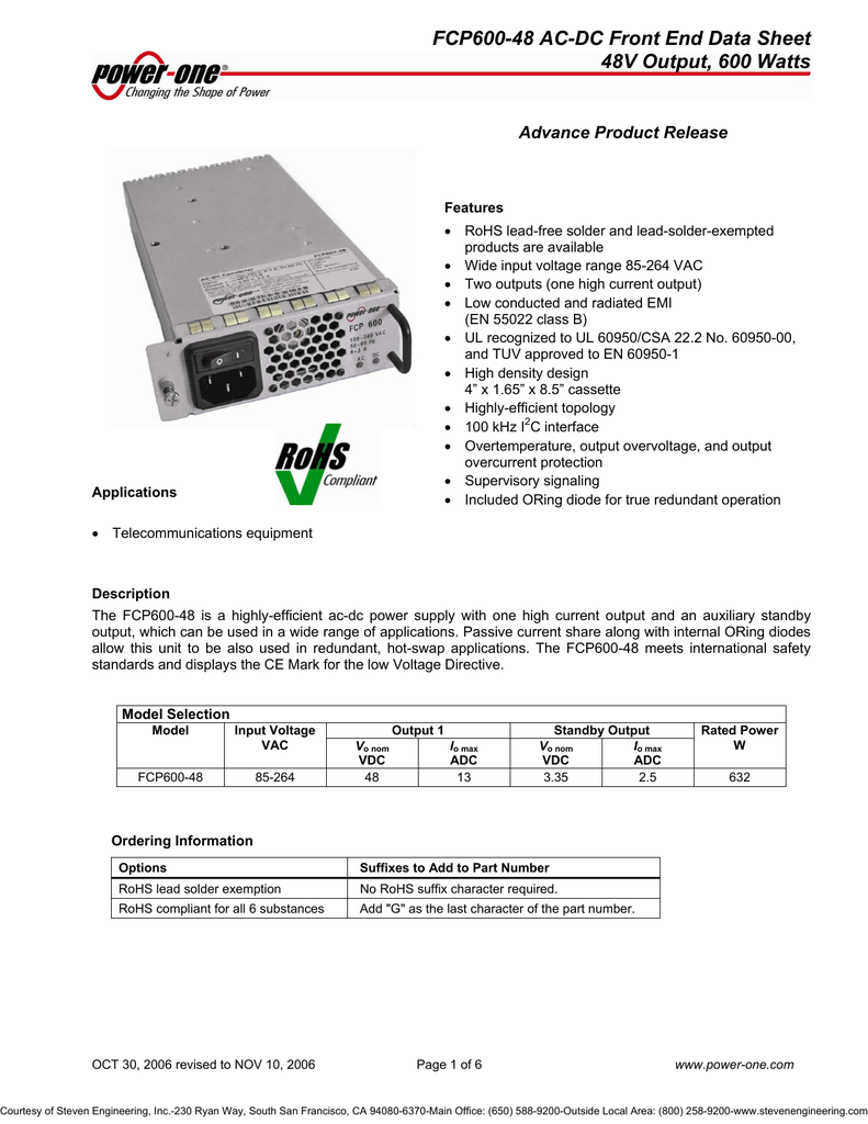 External/Internal SFP650-12BG POWER-ONE Solutions Power Supplies 