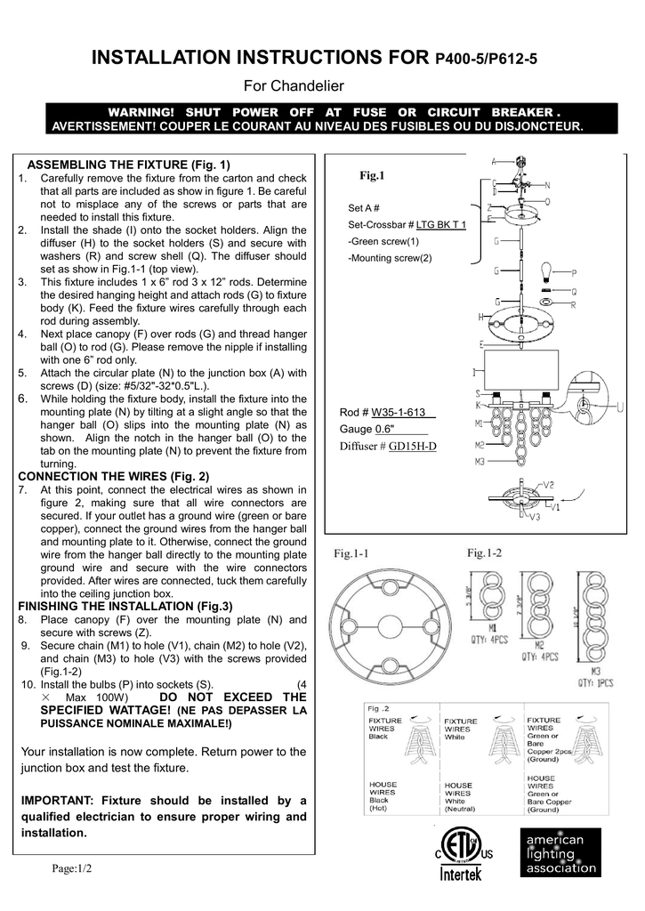 INSTALLATION INSTRUCTIONS FOR P400-5/P612-5 For Chandelier | Manualzz