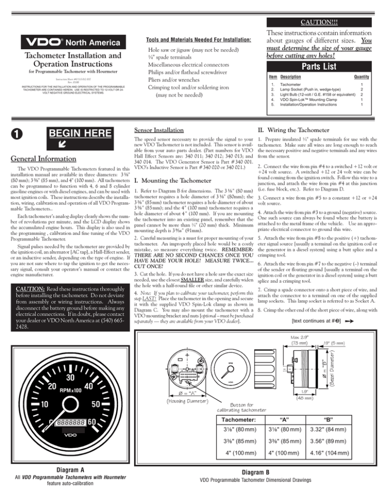 Vdo Tachometer 0 515 012 037 Manualzz