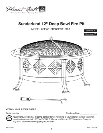Pleasant Hearth Ofw110r Manual Manualzz, Sunderland Deep Bowl Fire Pit