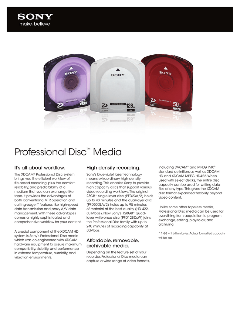 Sony Xdcam Professional Disc Datasheet Manualzz