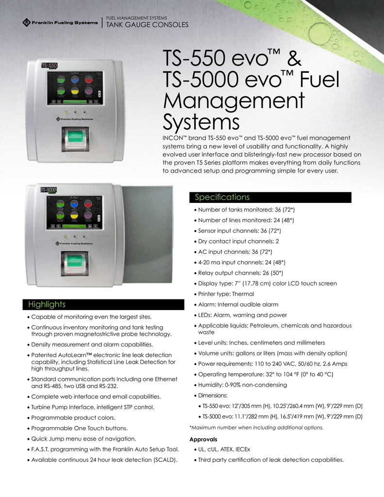 Ts 550 Evo Ts 5000 Evo Fuel Managment Systems Datasheet Manualzz