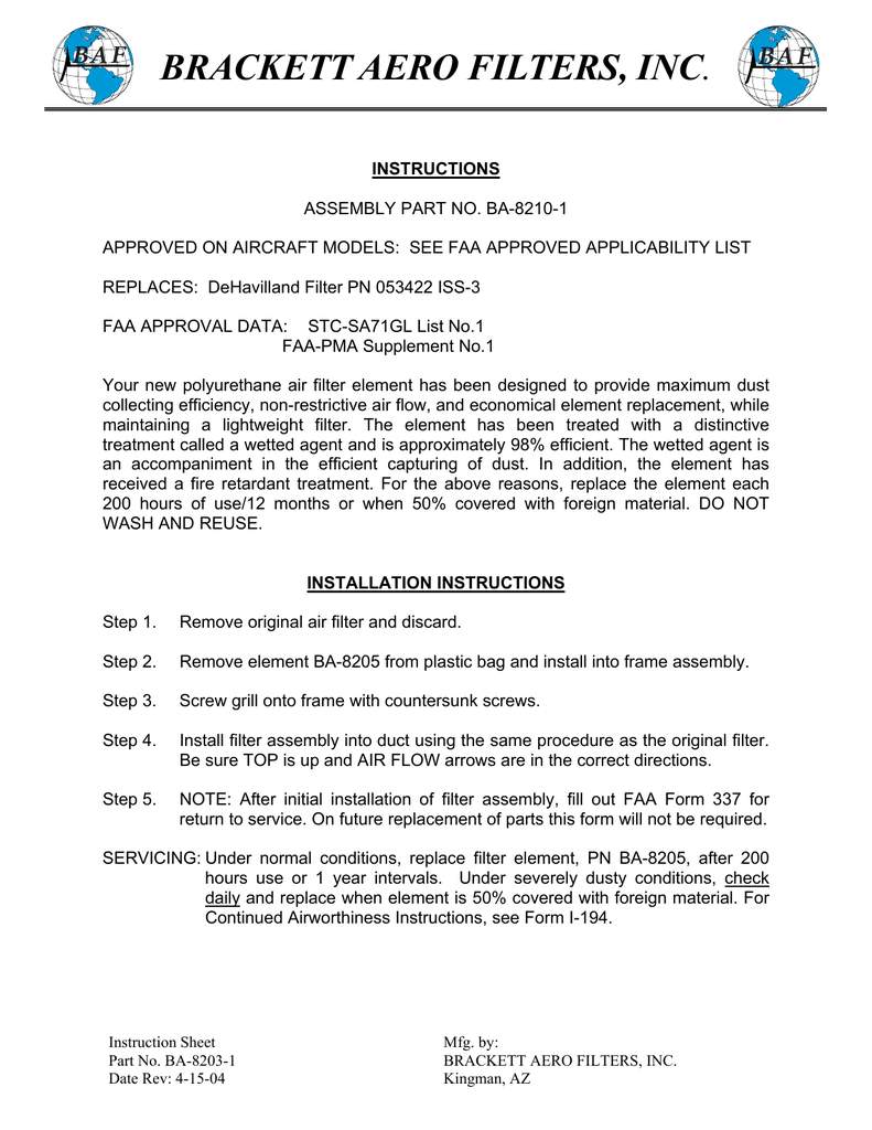 Brackett Air Filter Chart
