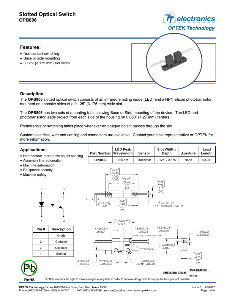 SLOTTED OPTEK TECHNOLOGY OPTO SWITCH OPB806