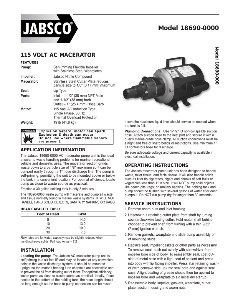 Black Jabsco 18690-0000 Marine Run Dry Heavy Duty Macerator Waste Pump 115-Volt, Marine Model