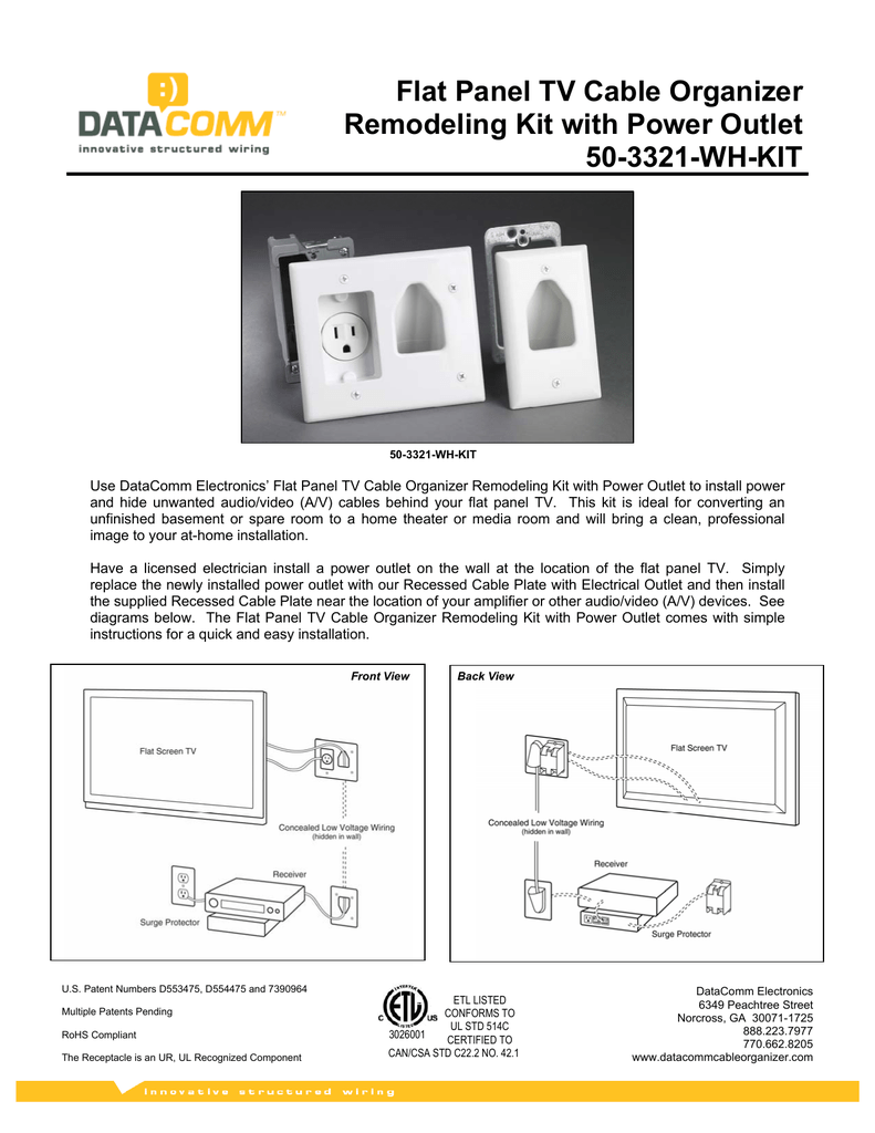 DataComm Electronics 50-3331-WH-KIT Flat Panel TV Cable Organizer Kit