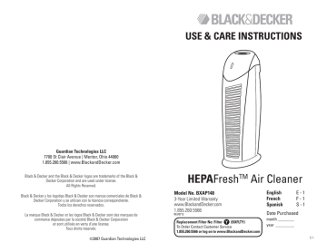 Black & Decker HEPAFreshBXAP148 Use & Care Instructions Manual | Manualzz