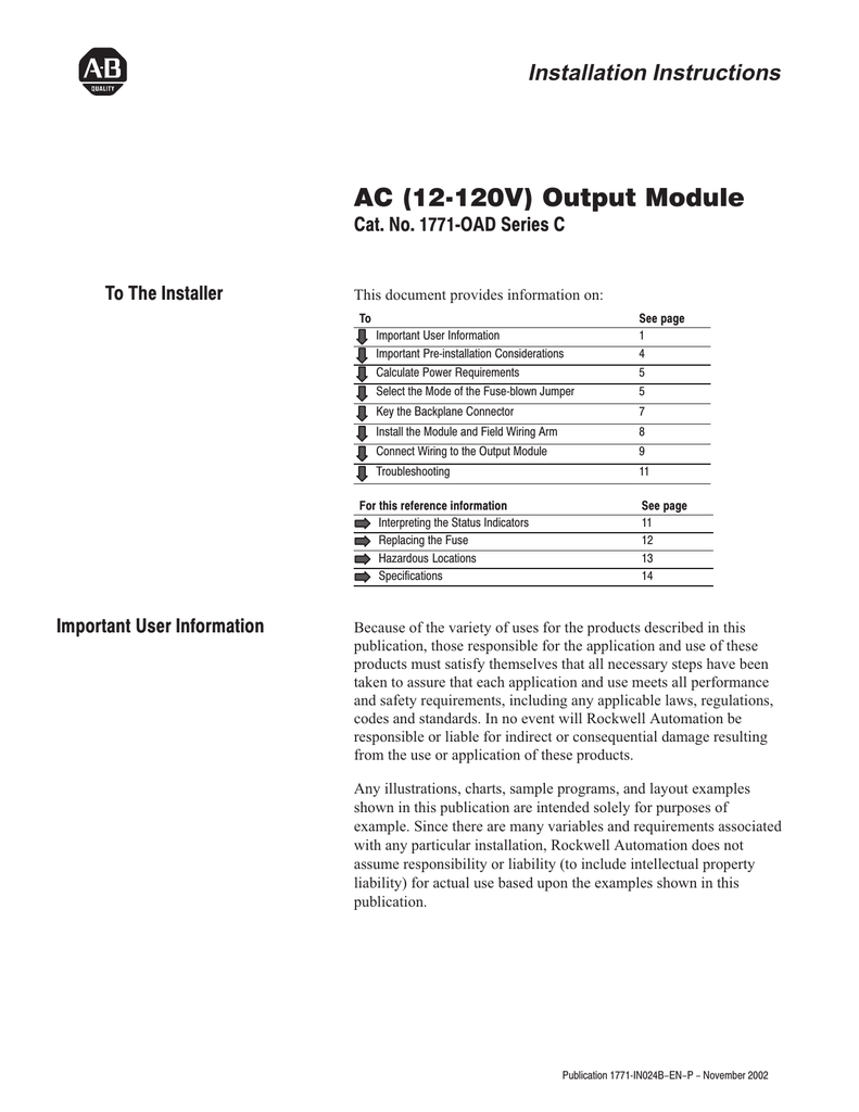 Ac 12c120v Output Module Installation Instructions Cat No