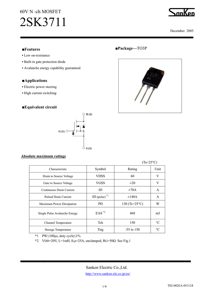 Datasheet For 2sk3711 By Sanken Electric Co Ltd Manualzz