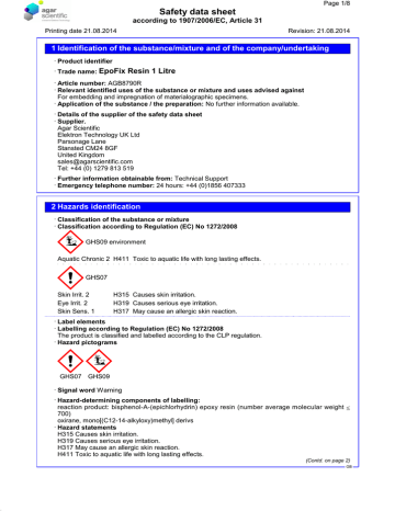 EpoFix Resin 1 Litre Safety data sheet - Agar Scientific | Manualzz