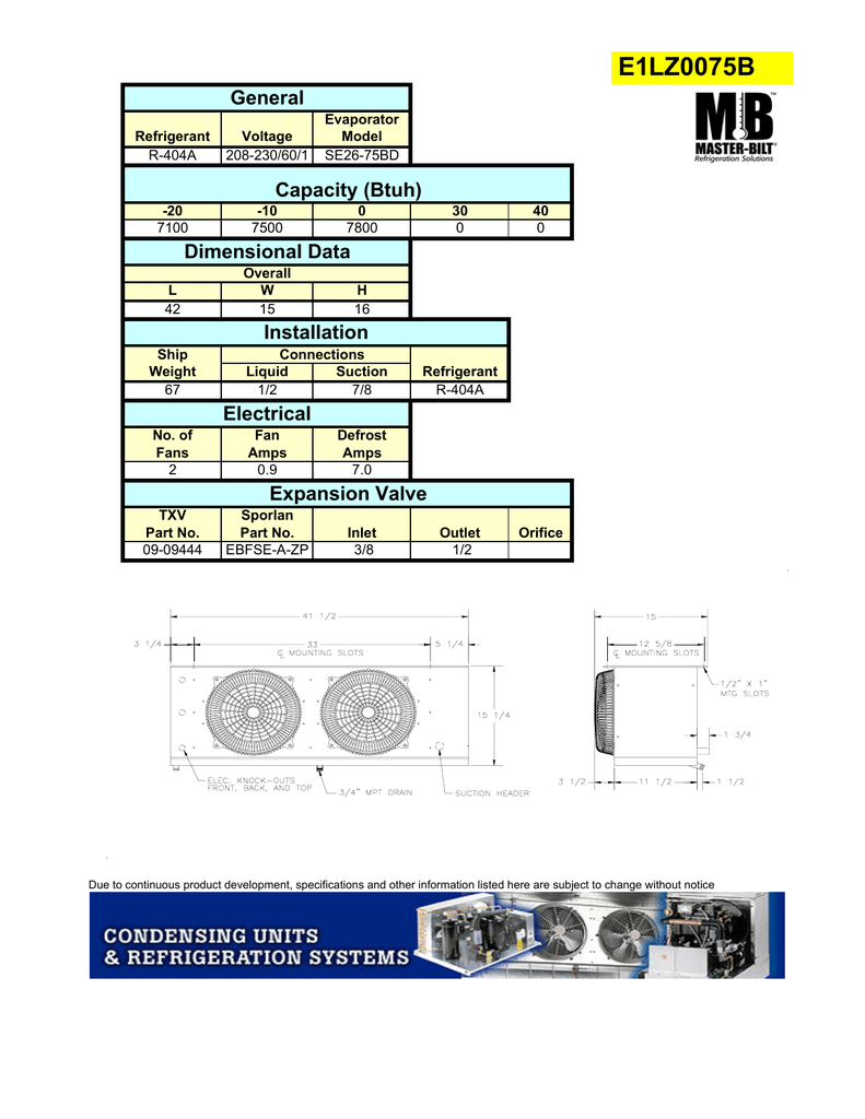 E1LZ0075B Low Temp Evap | Manualzz