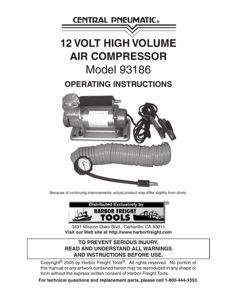 Central Pneumatic 93186 Air Compressor Owner's manual Manualzz