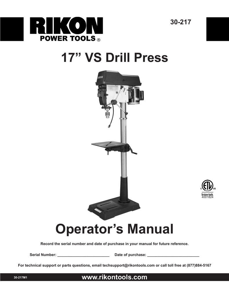 RIKON 30217 17" Variable Speed Drill Press Instructions Manualzz