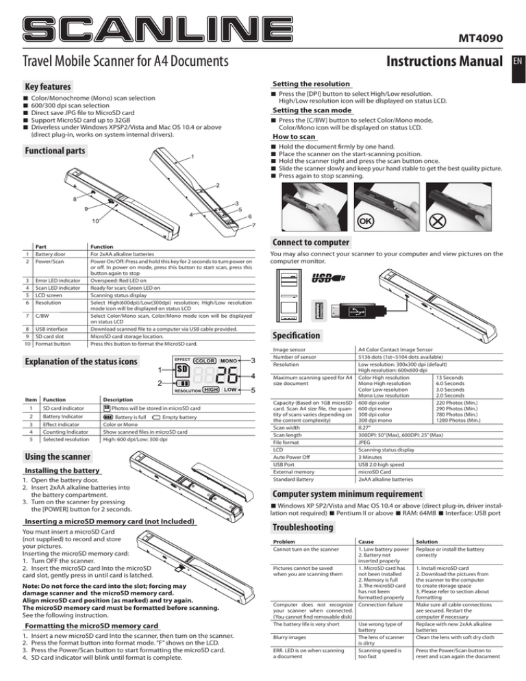 Scanline Travel Mobile Scanner For Documents Instructions Manual Mt4090 Manualzz