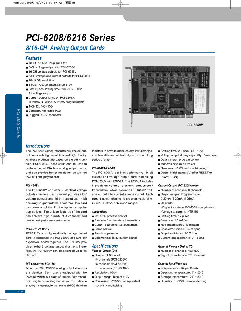 Pci 68 6216 Series 8 16 Ch Analog Output Cards Pci Das Cards Introductions Manualzz