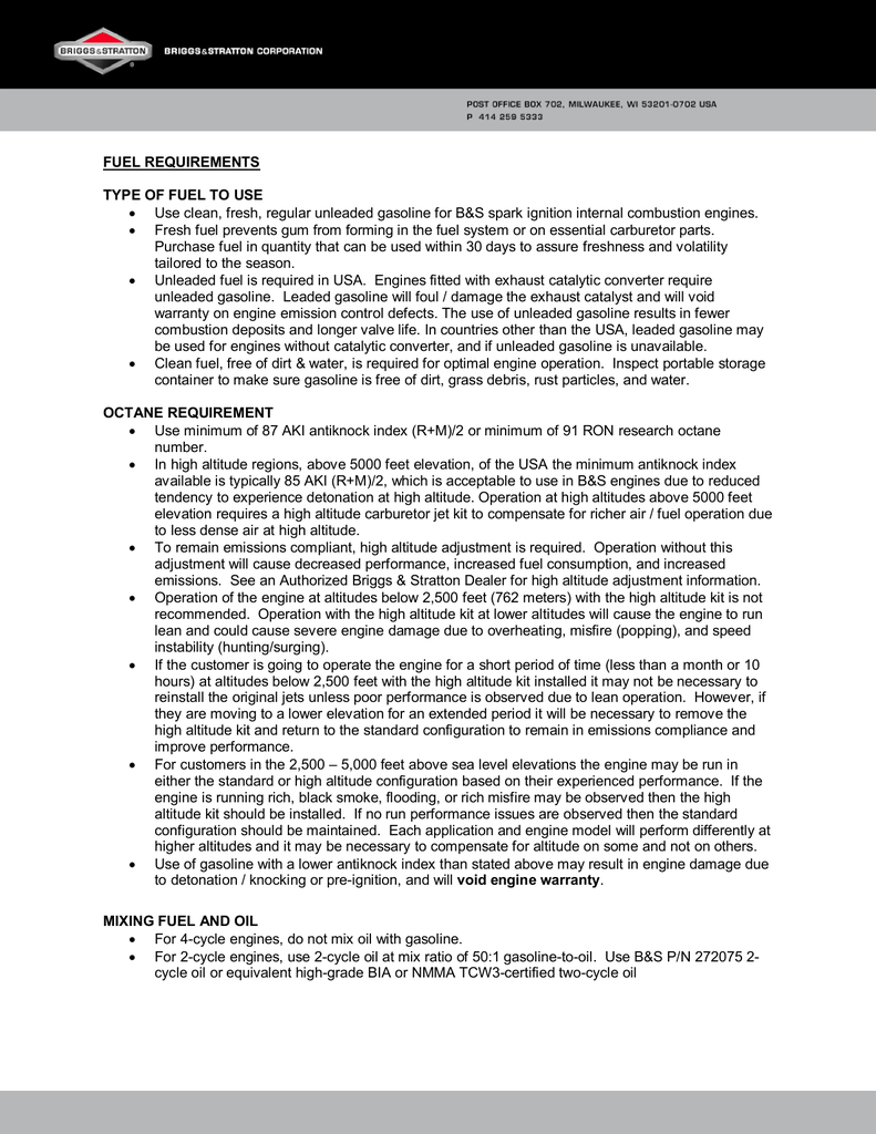 Briggs And Stratton 2 Cycle Oil Mix Chart