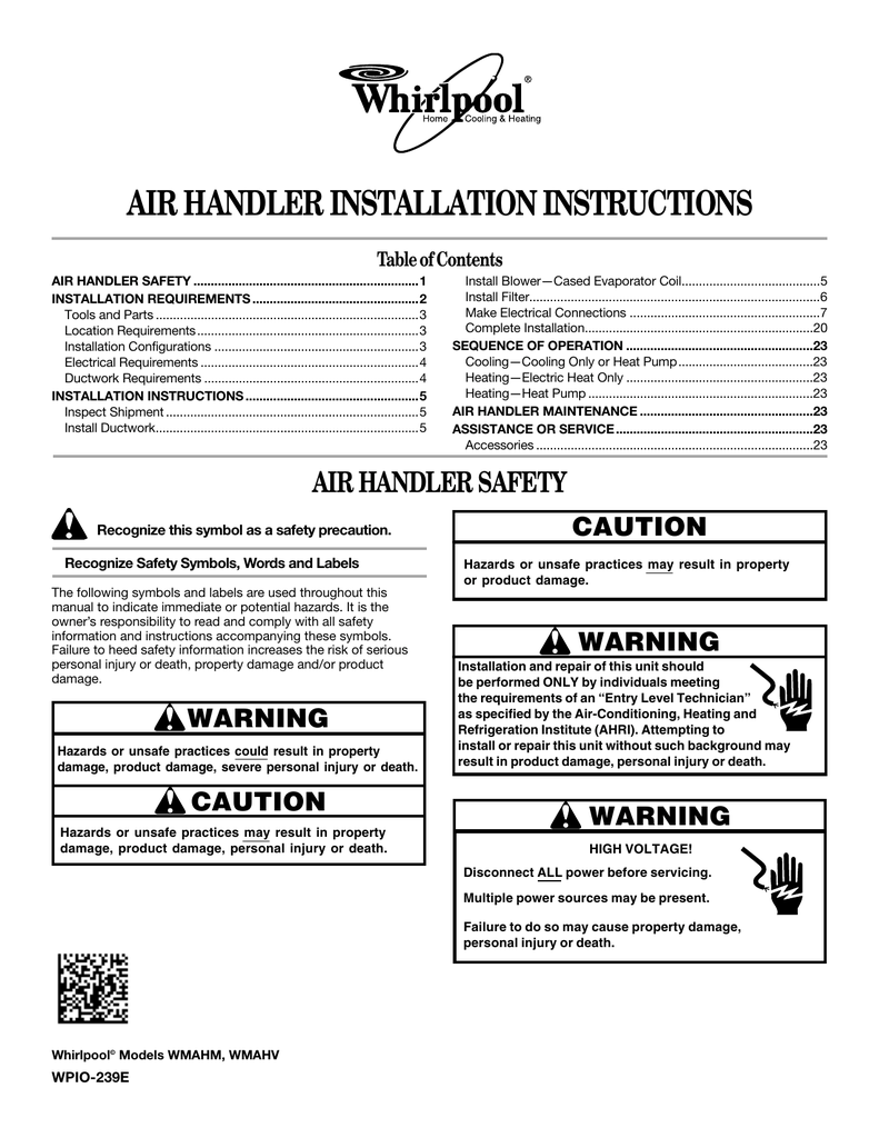 AIR HANDLER INSTALLATION INSTRUCTIONS Table of Contents Manualzz