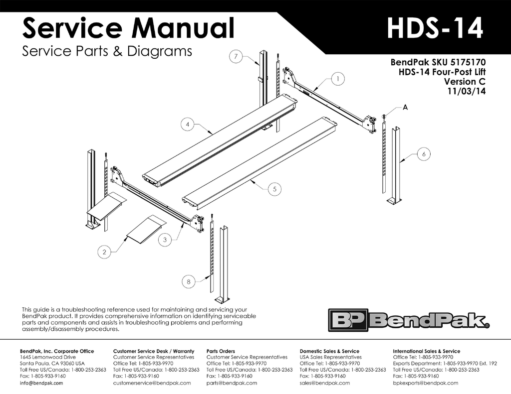 Bendpak 5175170 Hds 14 Four Post Car Lift Exploded View Parts List Ver C 11 03 Manualzz