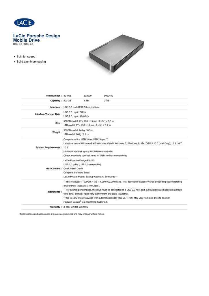 Lacie Porsche Design P 9220 Mobile Drive 2 0 Tb 9000459 Manualzz