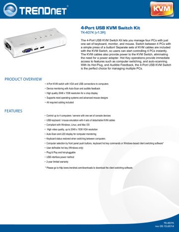 Trendnet TK-407K 4-Port USB KVM Switch Kit Datasheet | Manualzz