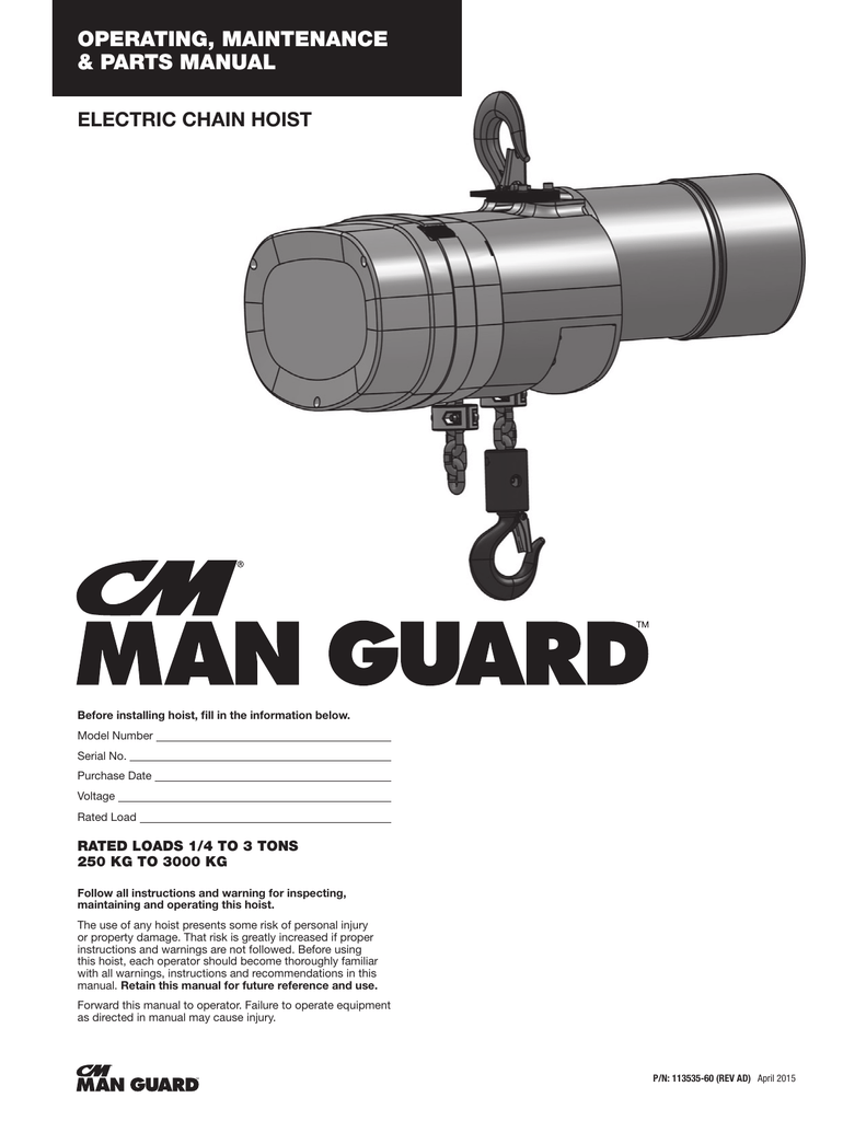 Cm Man Guard Electric Chain Hoist 113535 Manualzz