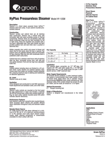 Groen HyPerSteam Pressureless Steamer Specification Sheet - Model HY-10SM | Manualzz